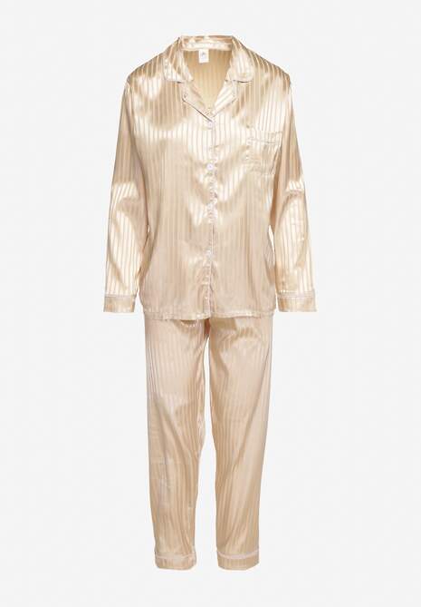 Beżowy Komplet Piżamowy Góra o Koszulowym Kroju z Guzikami Spodnie z Gumką w Talii Rivanias