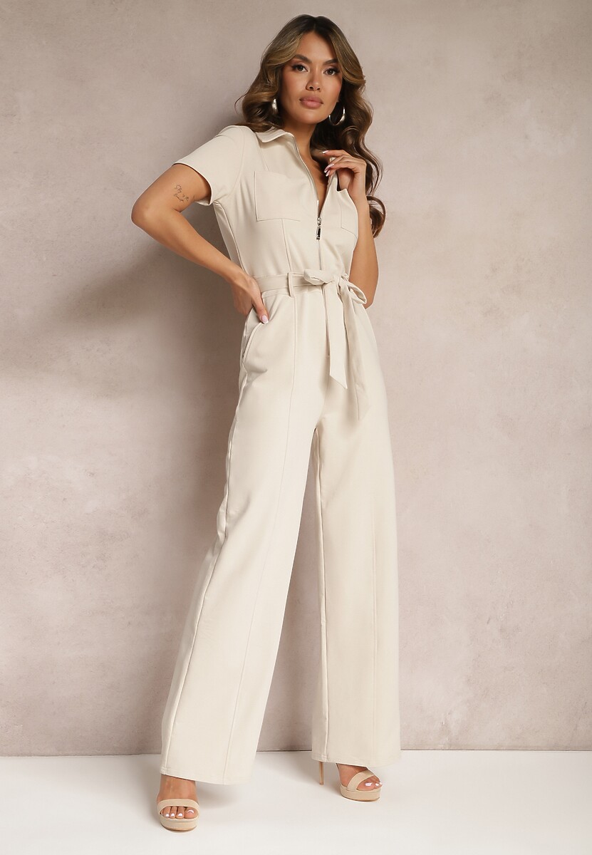 Jasnobeżowy Kombinezon z Elastycznej Bawełny z Suwakiem i Wiązanym Paskiem Ecatra