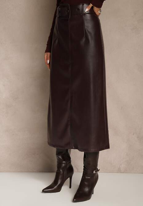 Bordowa Ołówkowa Spódnica z Imitacji Skóry z Paskiem z Wyrazistą Klamrą Rewedana