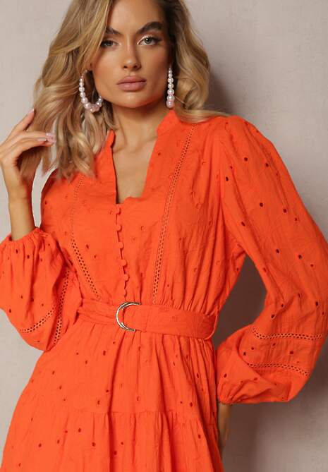 Pomarańczowa Bawełniana Sukienka z Haftem na Guziki z Gumką w Pasie oraz Paskiem Weritte