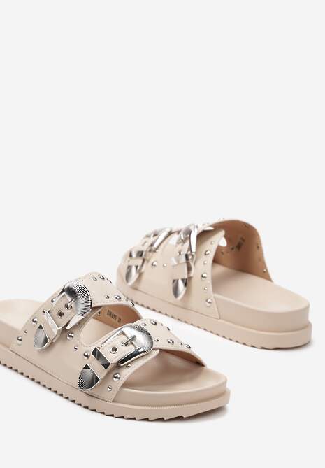 Beżowe Klapki z Ekoskóry Ozdobione Nitami z Regulowanymi Paskami i Sprzączką Nleina