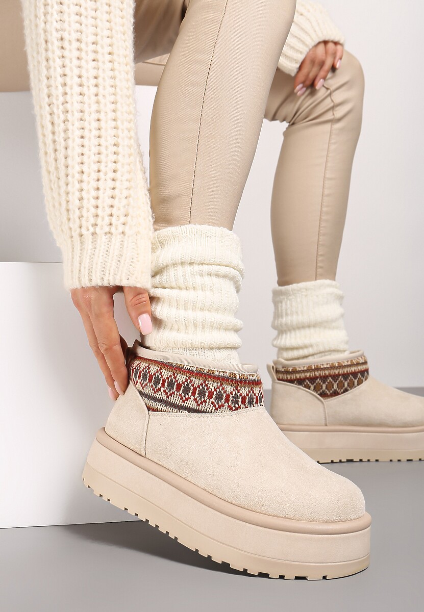 Beżowe Śniegowce na Wysokiej Platformie Ozdobione Wzorzystą Wstawką Sinalora