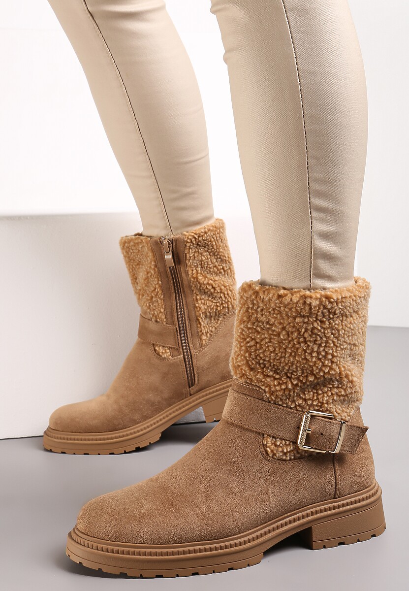 Brązowe Botki z Futerkiem i Paskiem z Klamerką Adorra