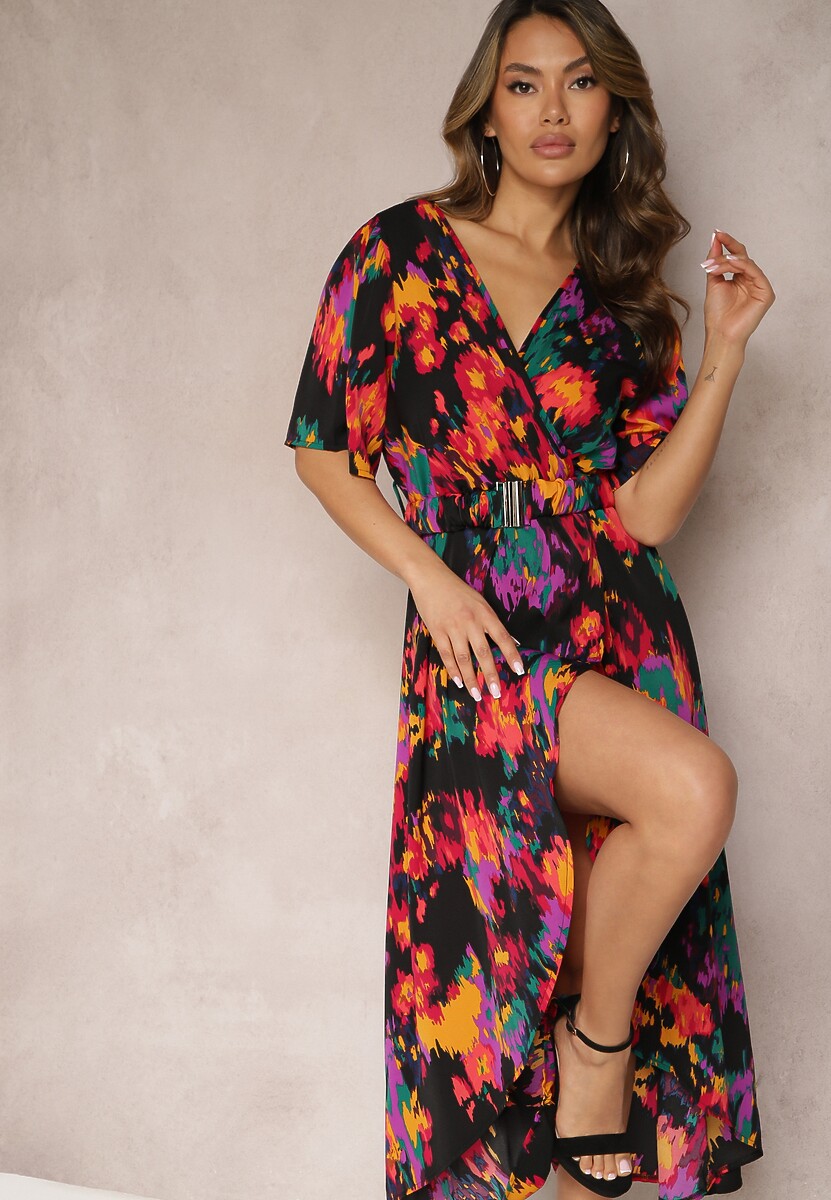 Czarno-Pomarańczowa Asymetryczna Sukienka z Gumką w Pasie i Kopertowym Dekoltem Perlana