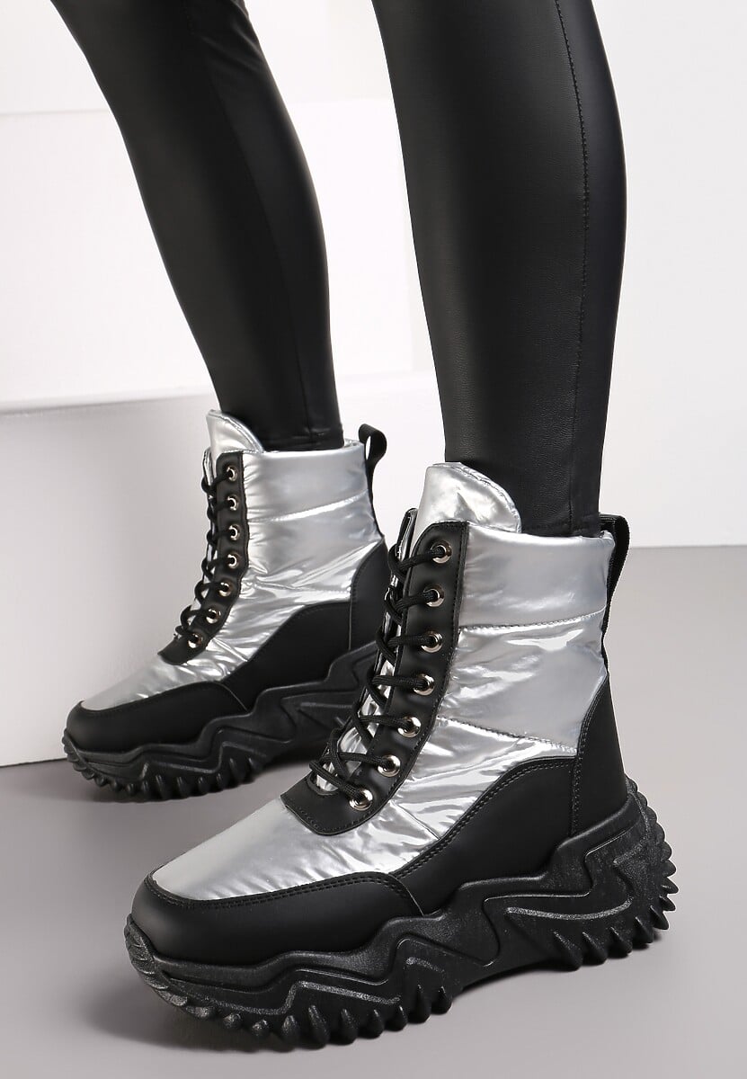 Czarno-Srebrne Traperki na Grubej Podeszwie Lorkani