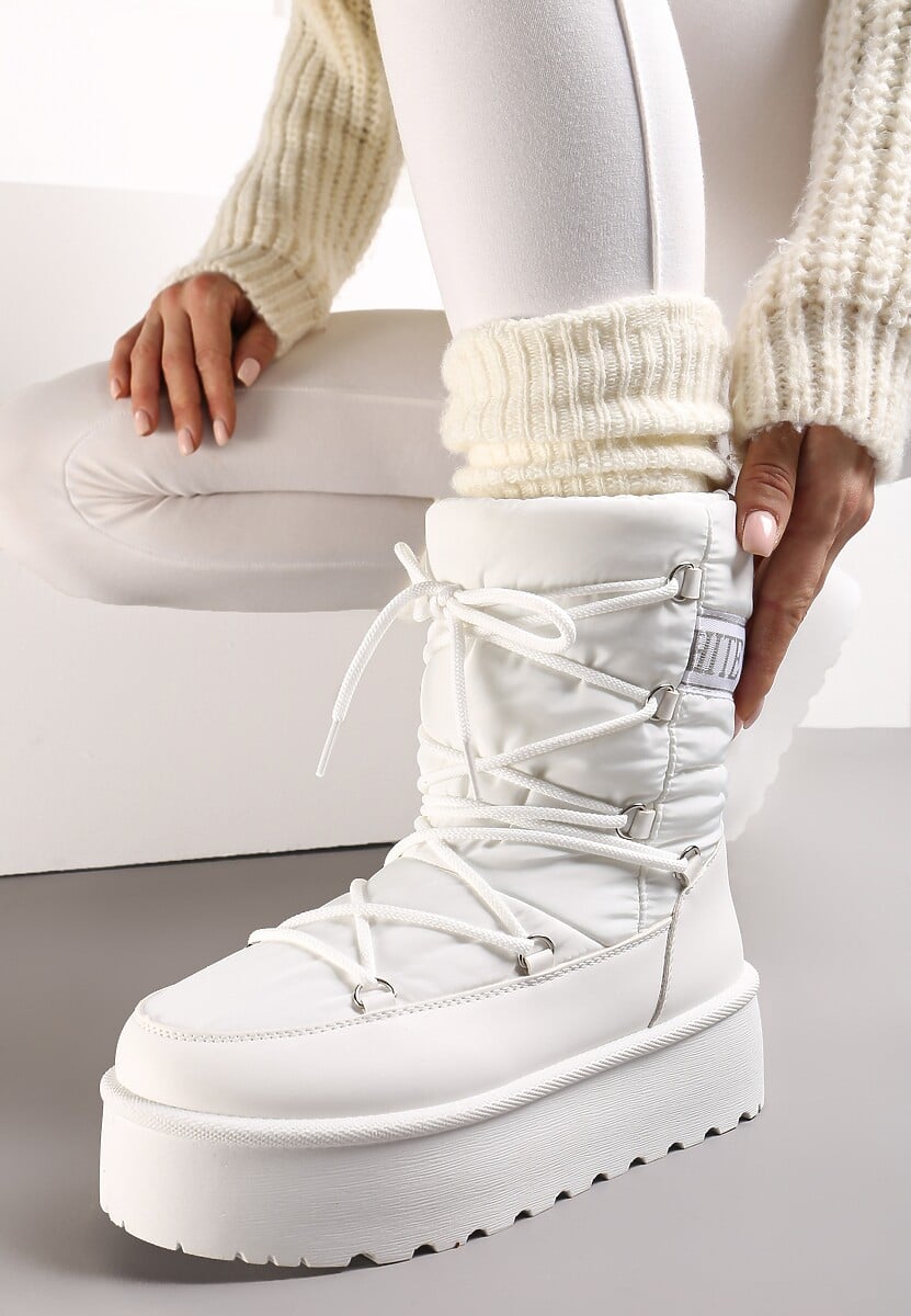 Białe Śniegowce na Platformie z Ozdobnym Wiązaniem Zingie