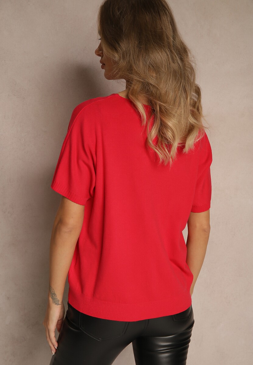 Czerwona Bluzka z Dzianiny z Dekoltem w Serek Fenalise