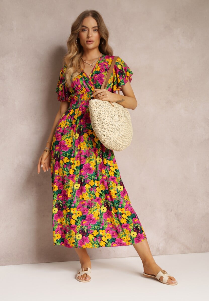 Żółto-Fuksjowa Rozkloszowana Sukienka Maxi z Gumką w Pasie z Wiskozy Femia