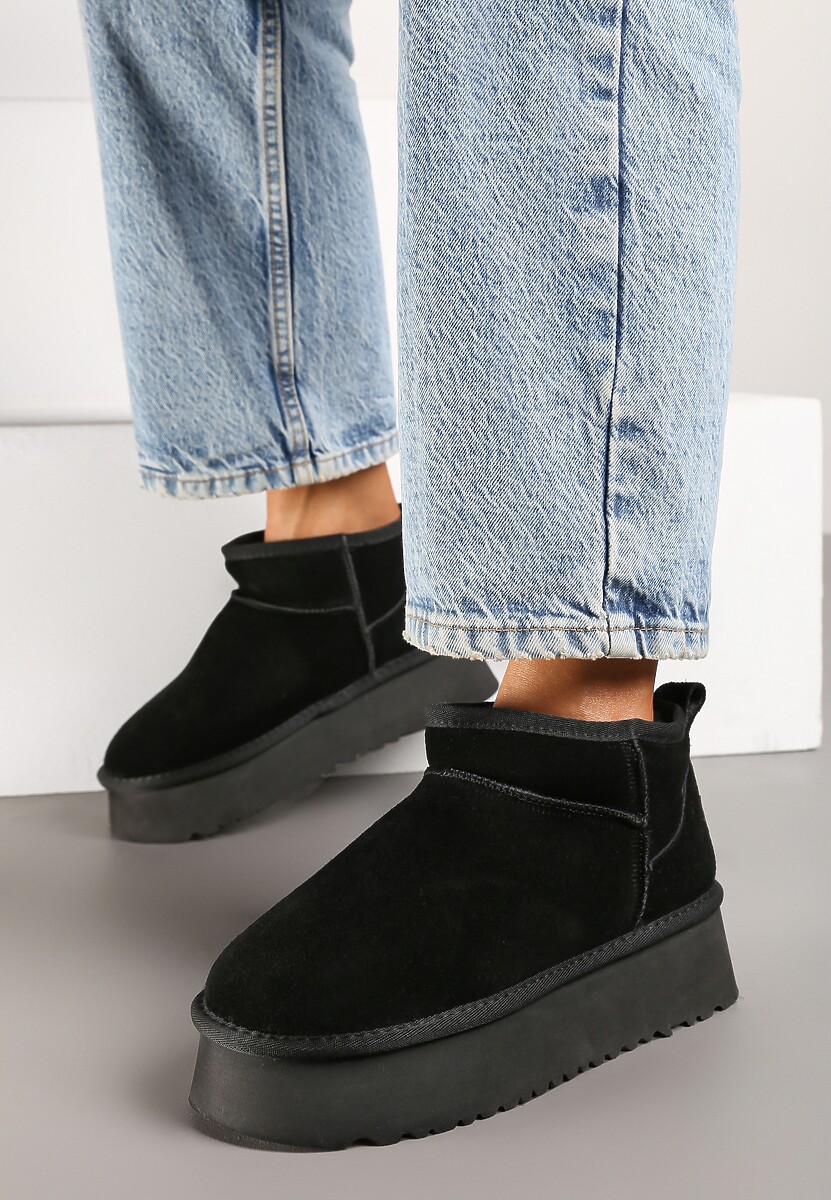 Czarne Śniegowce ze Skóry Naturalnej na Grubej Podeszwie Ocieplane Futerkiem Evorira