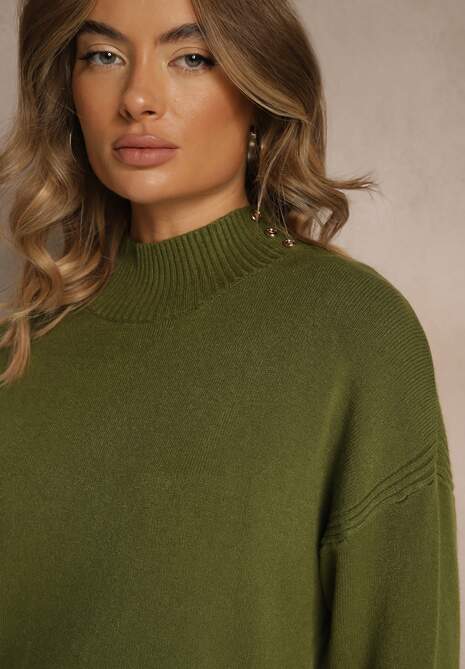 Zielony Gładki Golf Zdobiony Guzikami przy Dekolcie Rallessa