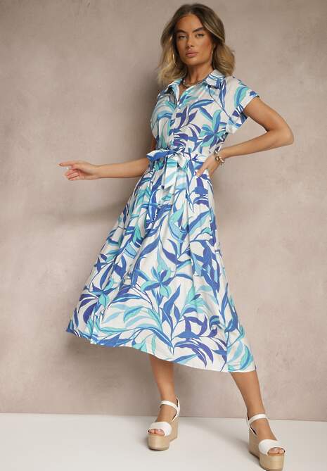 Niebieska Koszulowa Sukienka z Wiskozy z Wiązanym Paskiem Sadranise