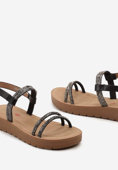 Czarne Sandały na Płaskiej Podeszwie z Cyrkoniami Zapinane przy Kostce  Elltiana