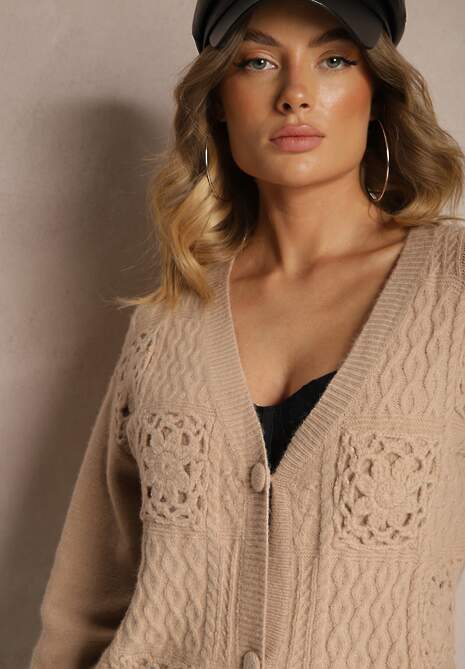 Ciemnobeżowy Ażurowy Kardigan na Guziki Nolila
