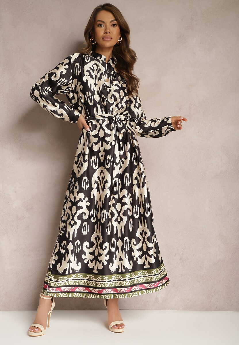 Czarno-Biała Pudełkowa Sukienka Satynowa z Paskiem w Talii w Ornamentalny Print Tarosa