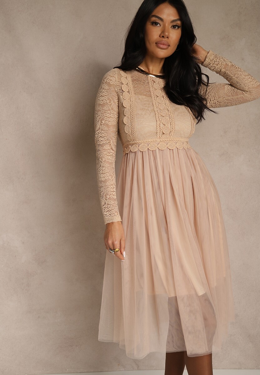 Ciemnobeżowa Elegancka Tiulowa Sukienka o Rozkloszowanym Kroju z Koronką Samelba