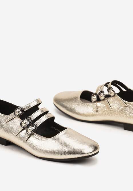 Złote Balerinki z Wkładką ze Skóry Naturalnej z Eleganckimi Paseczkami i Sprzączkami Vaivonne