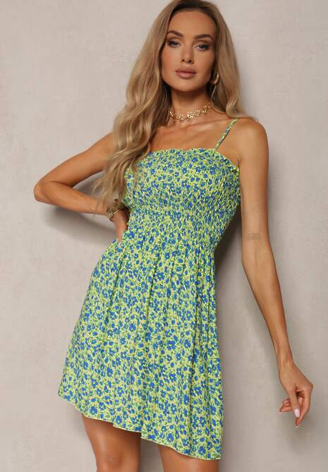 Jasnozielona Sukienka z Bawełny na Cienkich Ramiączkach z Gumką w Talii Tessinia