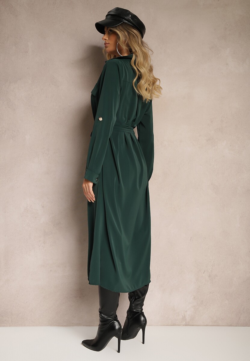 Ciemnozielona Rozkloszowana Sukienka o Koszulowym Kroju z Guzikami Wiązana w Talii Kortiana