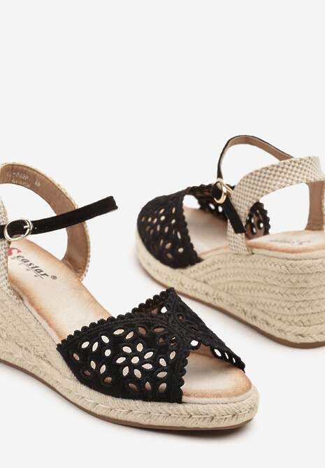 Czarne Sandały na Koturnie z Plecionki z Ażurową Cholewką Fevolesse