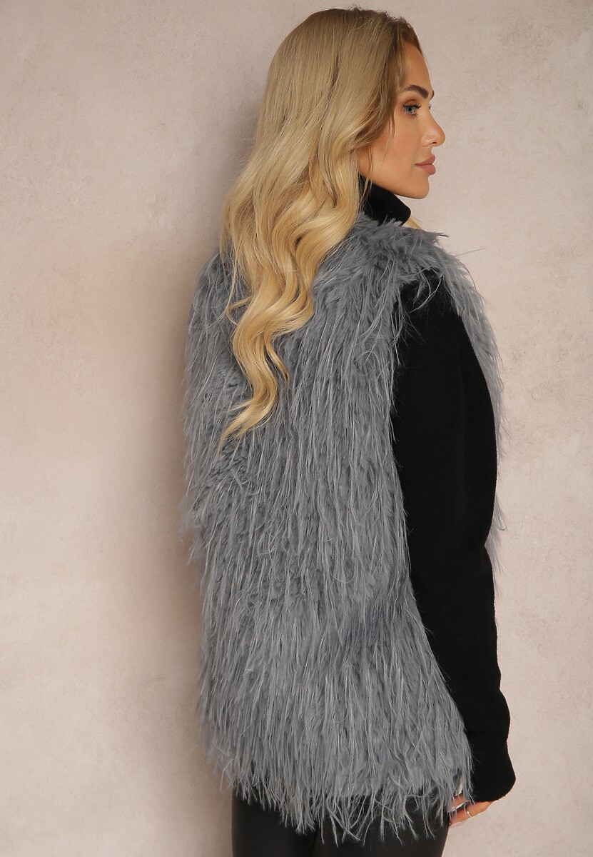 Ciemnoszara Futerkowa Kamizelka o Prostym Kroju z Kieszeniami Venialith