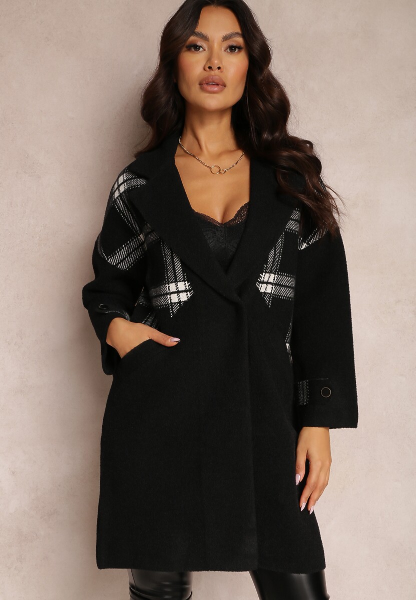 Czarny Płaszcz Krótki w Kratę Degi