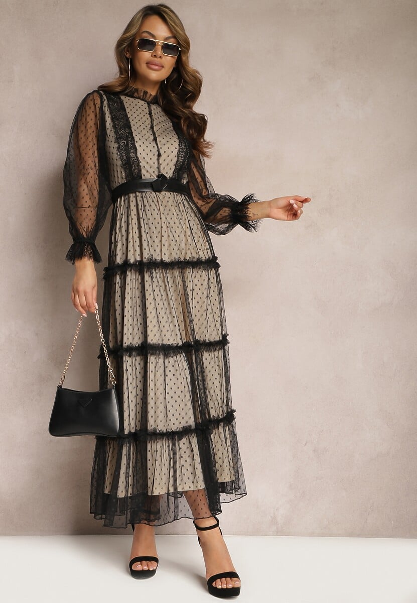 Beżowo-Czarna Tiulowa Sukienka Maxi ze Wstawkami z Koronki i Ozdobnymi Guzikami Aovena
