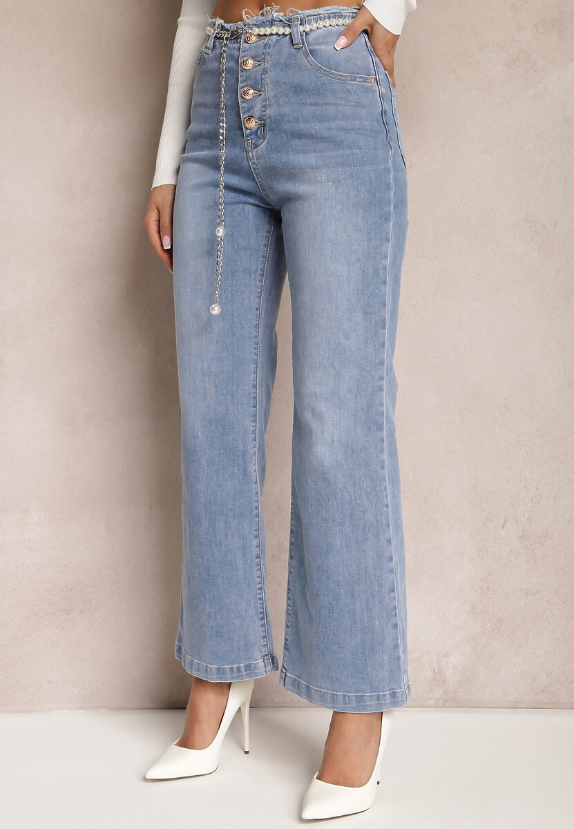 Jasnoniebieskie Jeansy Dzwony z Odpinanym Paskiem z Perłami Dasalind