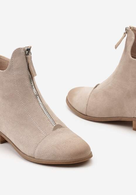 Beżowe Botki w Stylu Nowoczesnych Sztybletów ze Skórzaną Wkładką i Ozdobnym Suwakiem Asaxs
