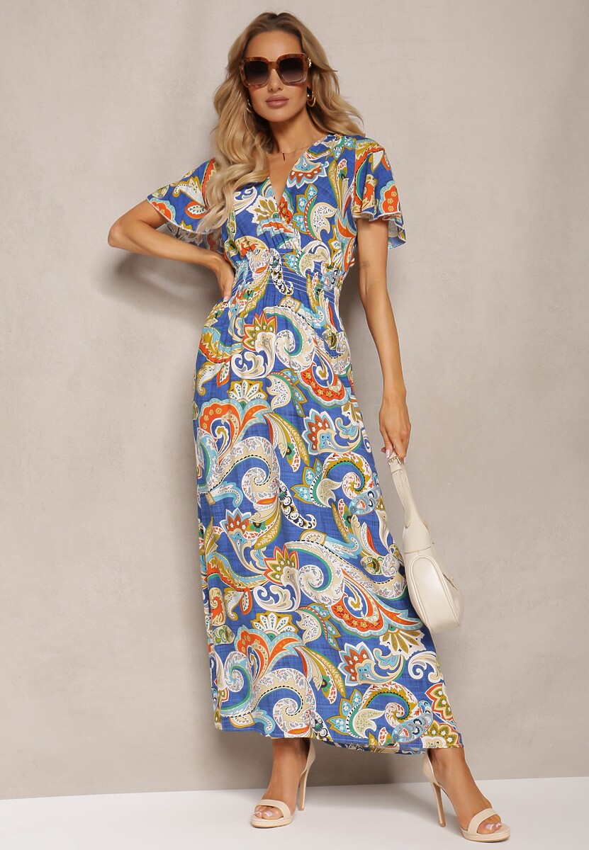 Niebieska Rozkloszowana Sukienka z Bawełny o Kopertowym Kroju w Print Paisley Piavella