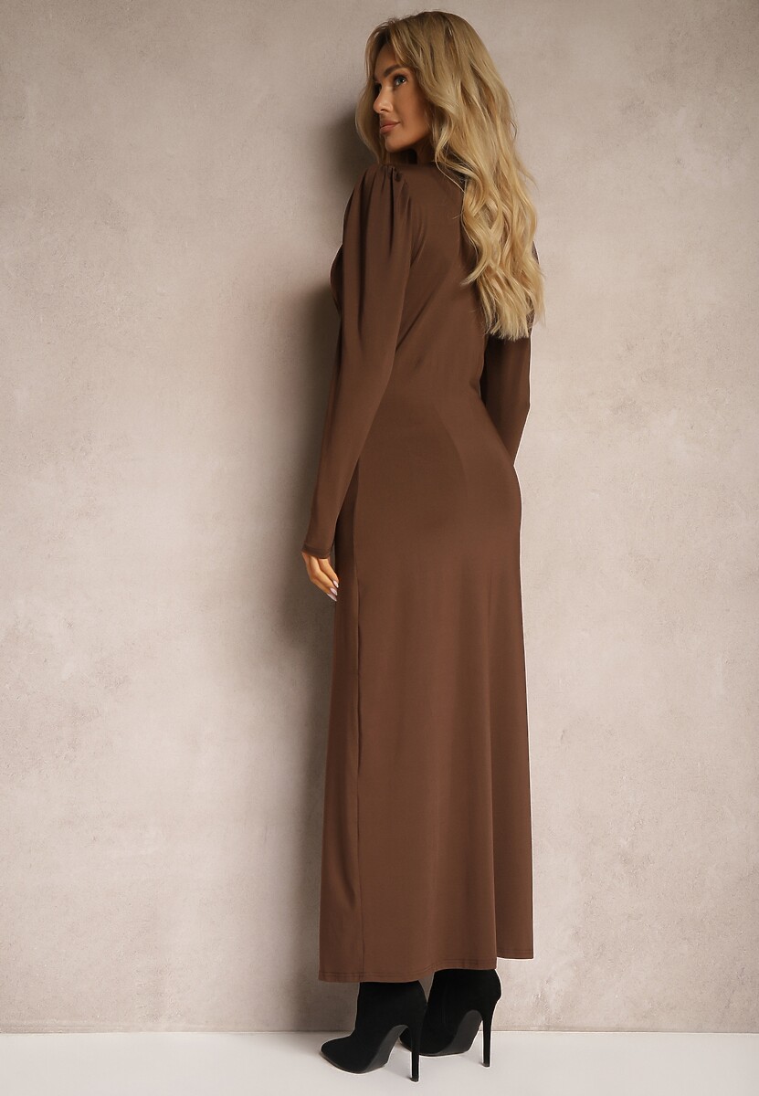 Brązowa Sukienka Koktajlowa z Dekoracyjnym Marszczeniem i Rozcięciem Zaivenne