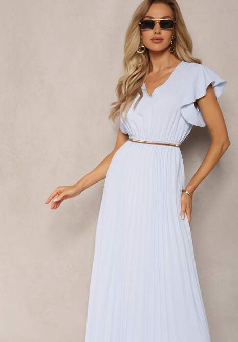 Jasnoniebieska Rozkloszowana Sukienka z Plisami Maxi z Falbankami przy Ramionach Nethula
