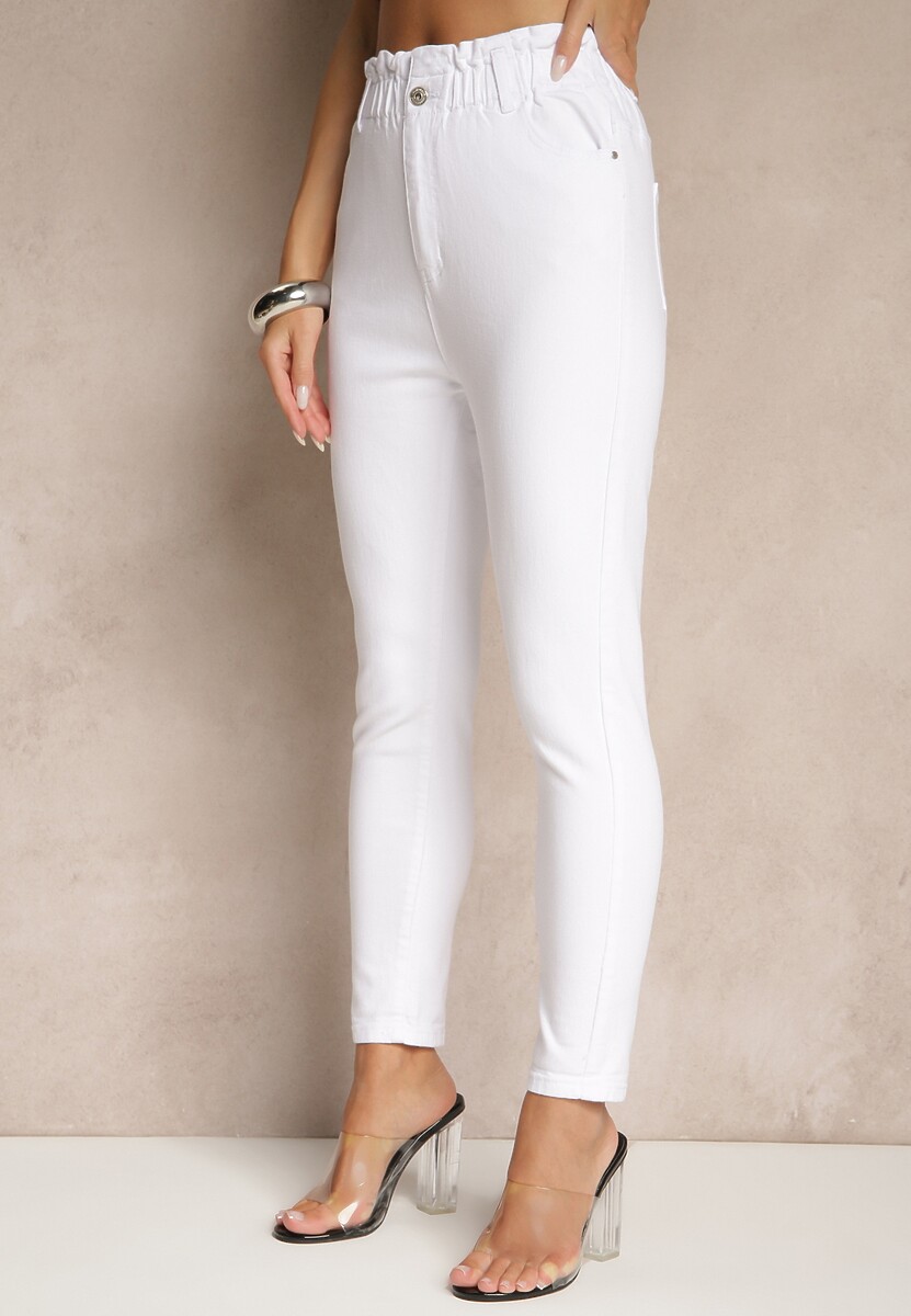 Białe Jeansy z Bawełny Mom Fit High Waist Folima