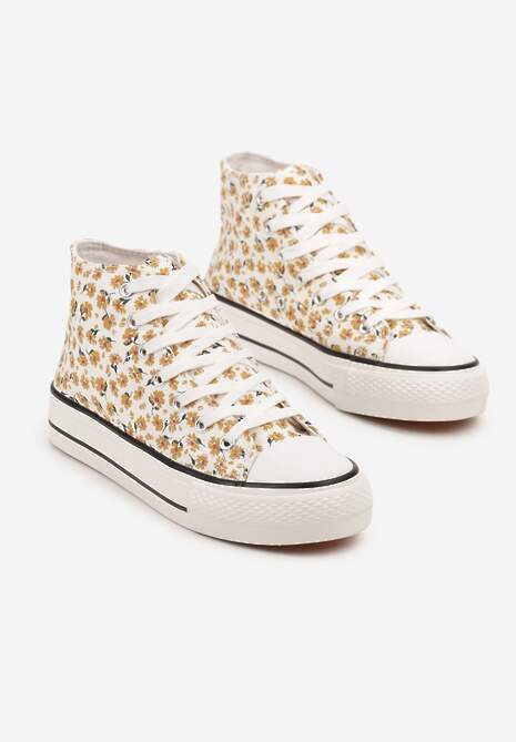 Żółte Trampki z Wysoką Cholewką Zdobione Kwiatowym Printem Folellia