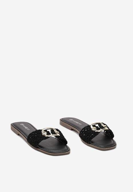 Czarne Płaskie Klapki ze Złotą Klamrą Efimue