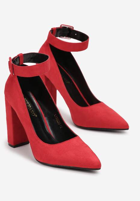 Czerwone Czółenka ze Szpiczastym Noskiem na Słupku z Paskiem wokół Kostki Leoresa