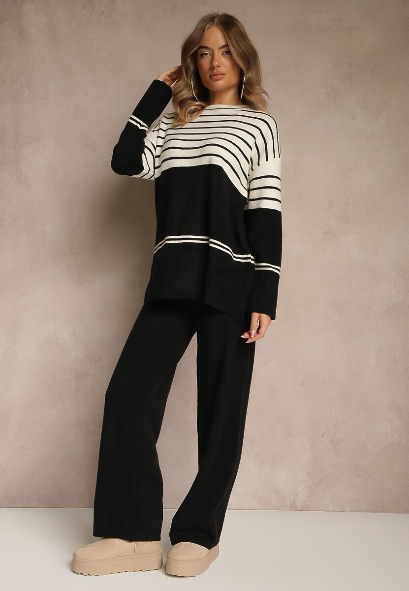 Brązowy Komplet z Dzianiny z Wełną Pasiasty Sweter i Spodnie Ralleia