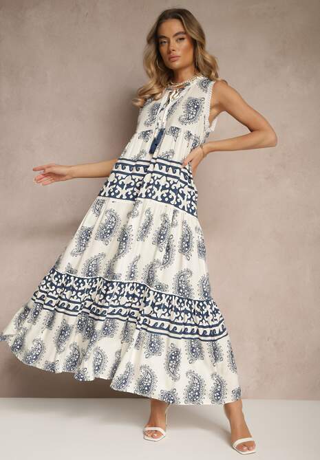 Niebieska Rozkloszowana Sukienka z Wiskozy Wiązana pod Szyją w Print Paisley Nreadia