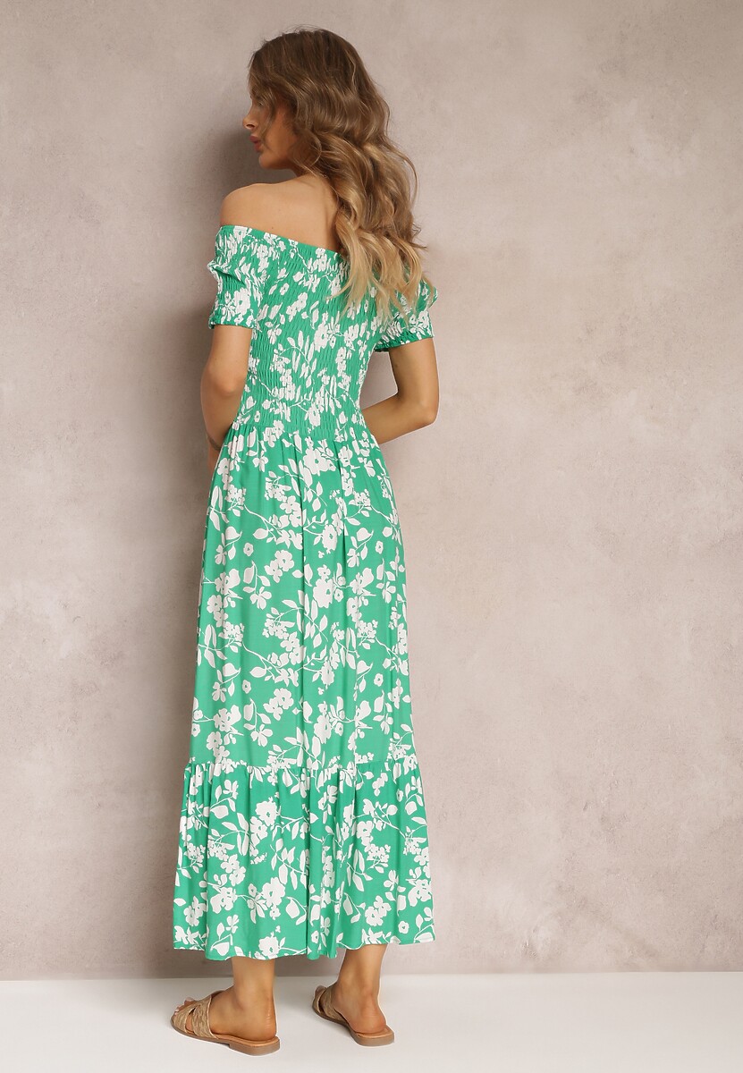 Zielona Rozkloszowana Sukienka Maxi z Hiszpańskim Dekoltem w Kwiaty Zevana