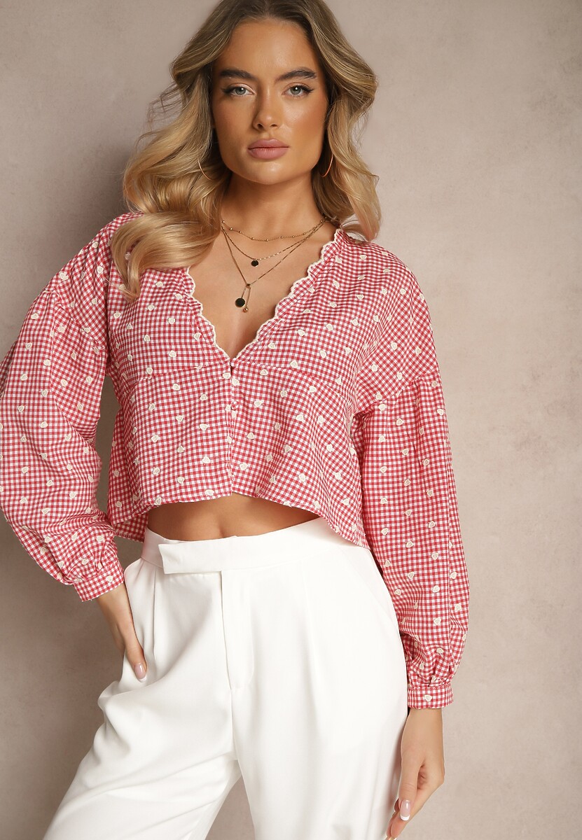 Niebieska Koszula z Lekkimi Bufkami i Haftami z Dodatkiem Bawełny w Kratę Alitea