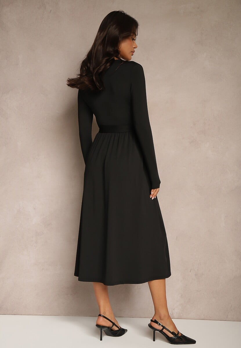 Czarna Taliowana Sukienka z Paskiem z Domieszką Wiskozy Hrestalia