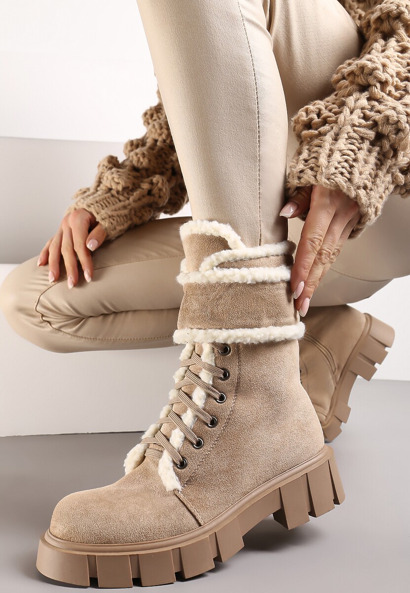 Czarno-Beżowe Botki Workery z Futrzanymi Lamówkami Freekolo