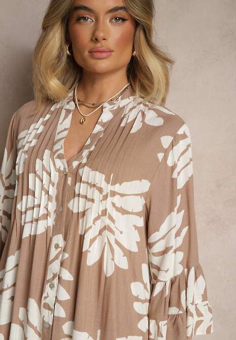 Ciemnobeżowa Koszulowa Sukienka z Wiskozy z Falbankami w Liściasty Wzór Ridiella