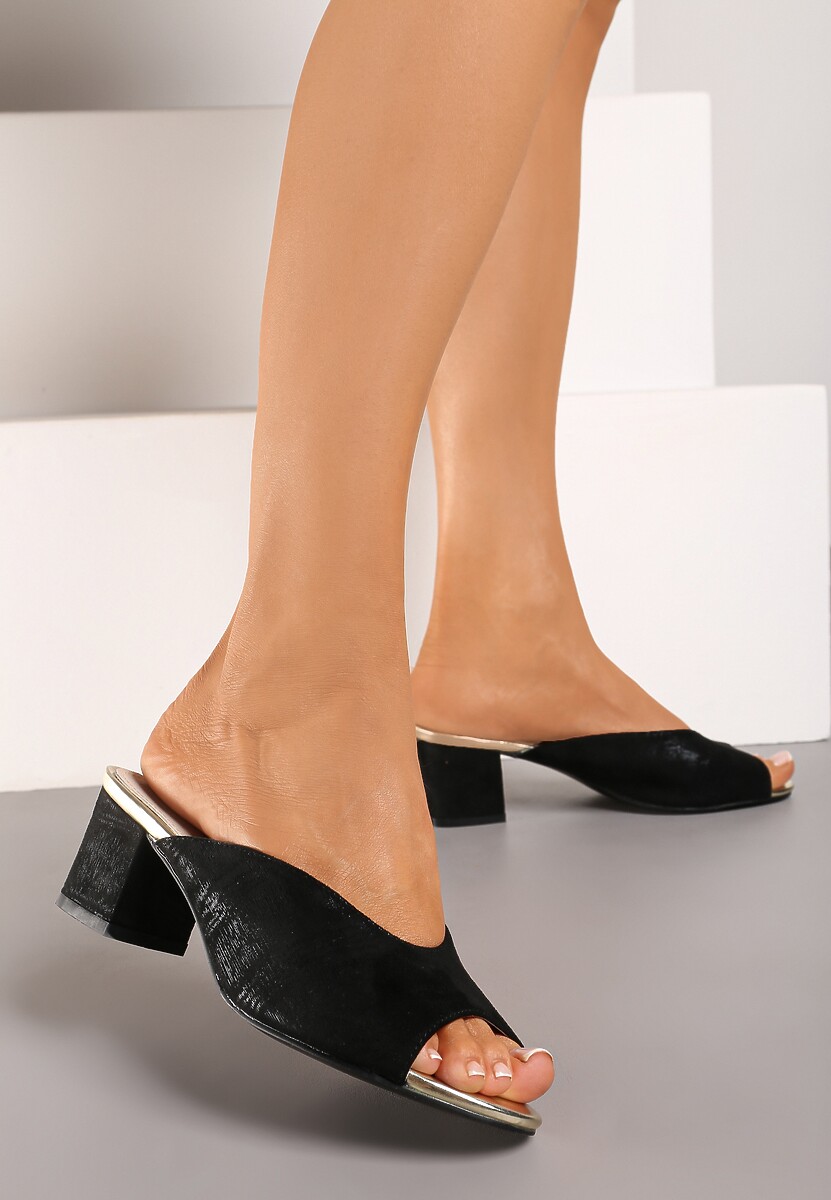 Czarne Eleganckie Klapki na Słupku Wykończone Brokatem i Skórzaną Wkładką Zonemia