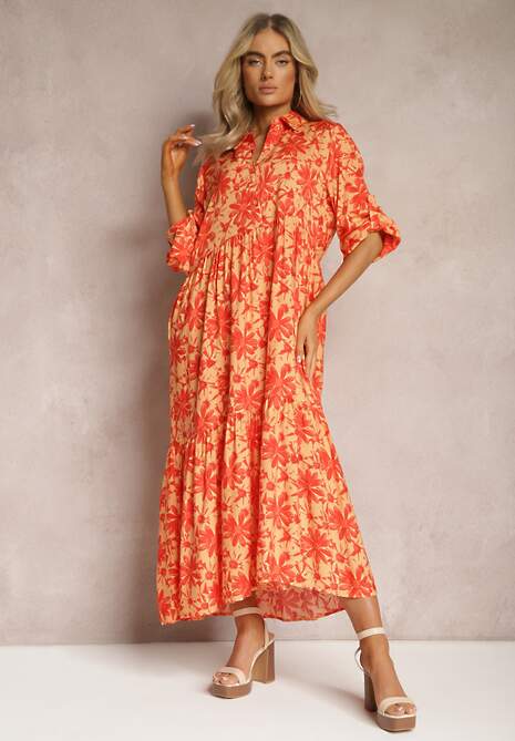 Pomarańczowa Rozkoszowana Sukienka z Koszulową Górą i Wzorem w Kwiaty Nealavin
