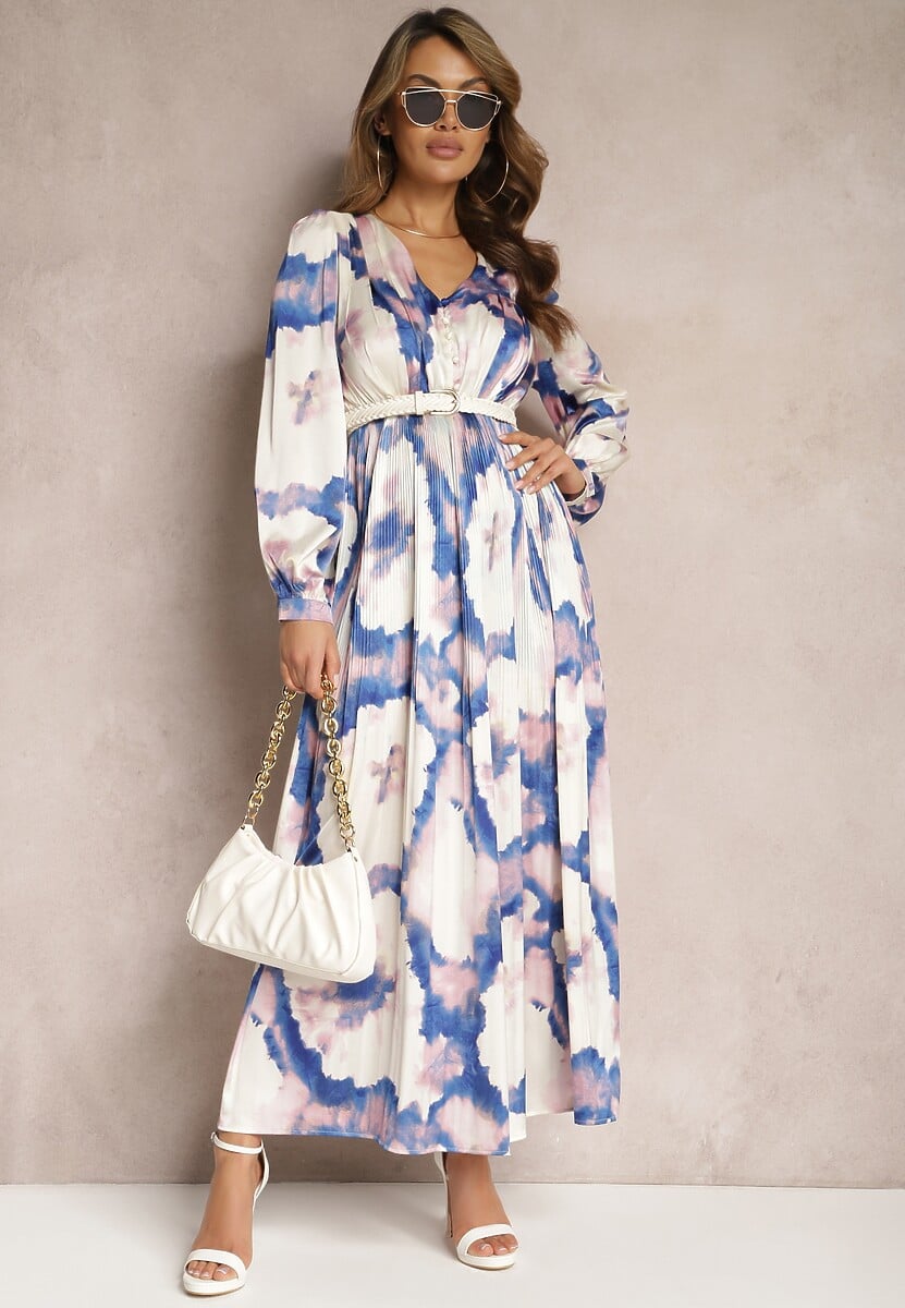 Beżowo-Fioletowa Maxi Sukienka Satynowa o Rozkloszowanym Kroju Velian