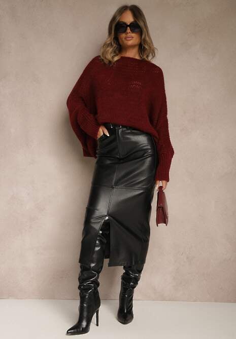 Bordowy Luźny Sweter Dzianinowy w Stylu Ponczo Nattava