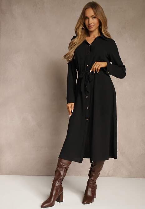 Czarna Sukienka Koszulowa Ozdobiona Paskiem Vivirielle
