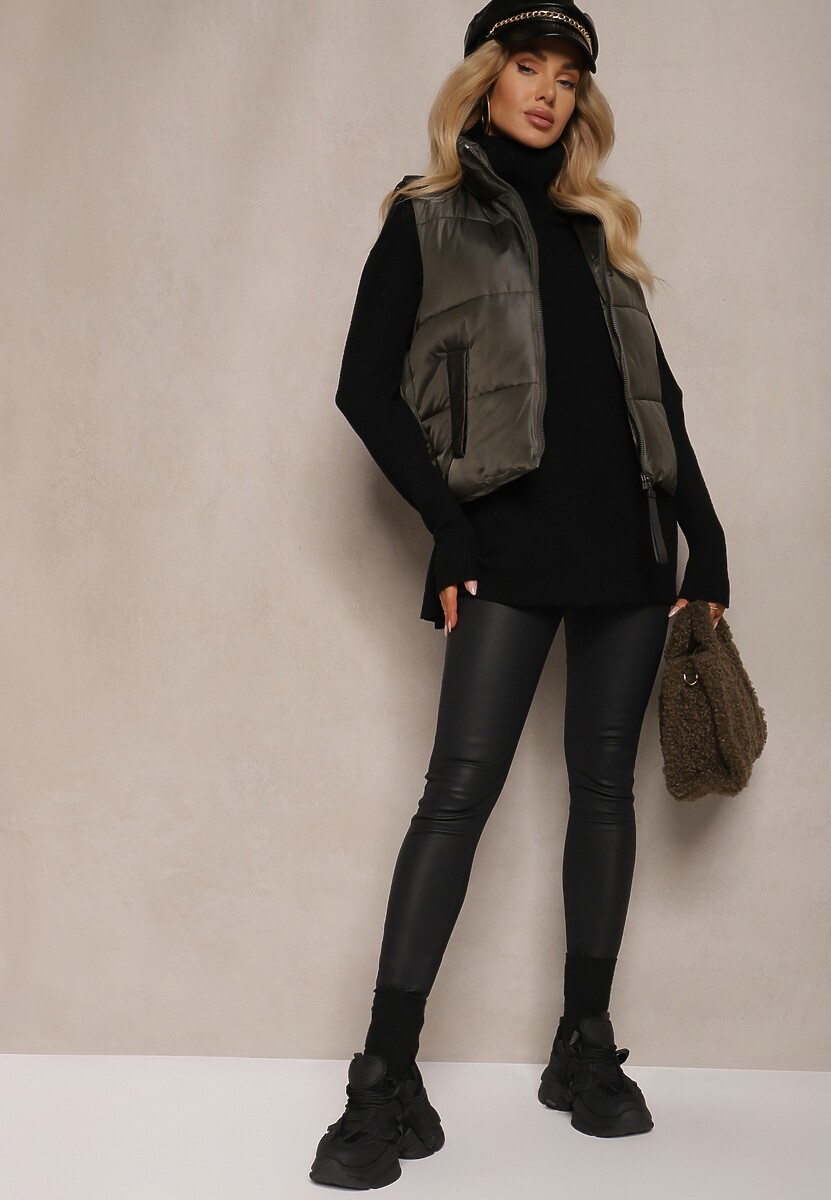 Ciemnozielona Klasyczna Kamizelka z Pikowanymi Przeszyciami i Stójką Zinnovea