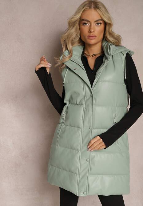 Zielona Pikowana Kamizelka z Ekoskóry i Kapturem Palermia