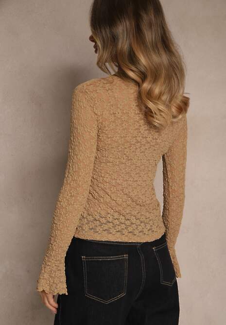 Beżowa Bluzka Longsleeve z Koronki z Falbankami przy Rękawach Isonea